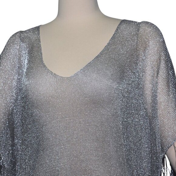 Zara Silver Metallic Knit Crochet Caftan Dress Fringe M - Picture 2 of 8